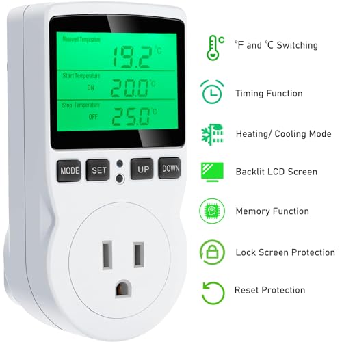 KABASI Digital Temperature Controller, Backlit LCD Screen Thermostat | Heating Cooling Outlet Plug with Sensor Timer for Reptile Incubator Greenhouse Brewing Refrigerator 110V, 15A, ℉/℃ - color: Backlight