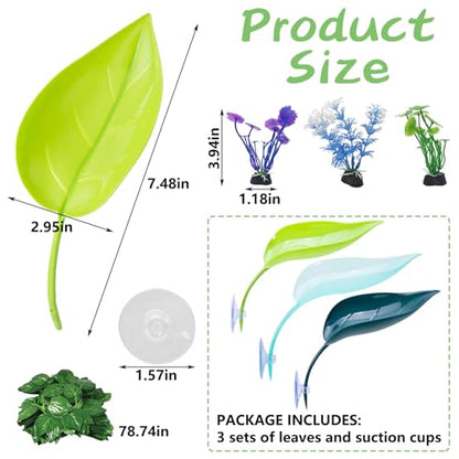 kathson 3pcs Crested Gecko Climbing Toys, Leaf-Shaped Reptile Basking Platform Plastic Frog Habitat Platform with Suction Cup Betta Fish Resting Spot Tank Decoration for Frog Toad Amphibian