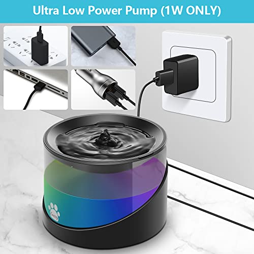 Kastty Cat Water Fountain, Pet Water Fountain for Cats Indoor, Cat Water Dispenser 2.2L/74oz, Super Quiet, Long Life Span Pump, Black+Colorful LED Light