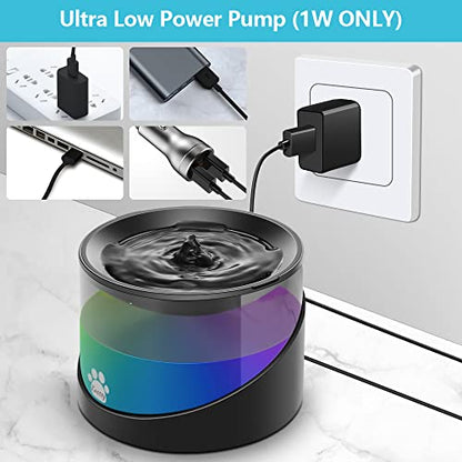 Kastty Cat Water Fountain, Pet Water Fountain for Cats Indoor, Cat Water Dispenser 2.2L/74oz, Super Quiet, Long Life Span Pump, Black+Colorful LED Light