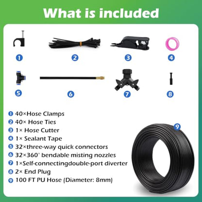 Drip Irrigation System Kit 100 FT with 32 Nozzles, 360° Adjustable Bendable Garden Watering Misting System for Greenhouse, Yard, Lawn, Plant, Garden, 5/16 inch Hose (OD: 8mm) - color: 100 ft hose (5/16 in OD, 8mm)