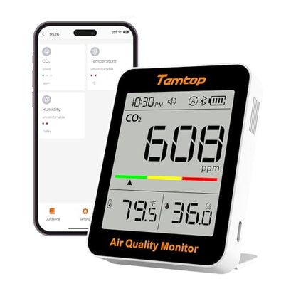 Temtop C1+ Smart Indoor Thermometer Hygrometer with Bluetooth and APP | Portable CO2 Meter with Digital Room Temperature Humidity Monitor, Real-Time Data Sync for Home, Office, Baby Nursery, School - size: C1Plus-Temp/Humidity/CO2/AQI
