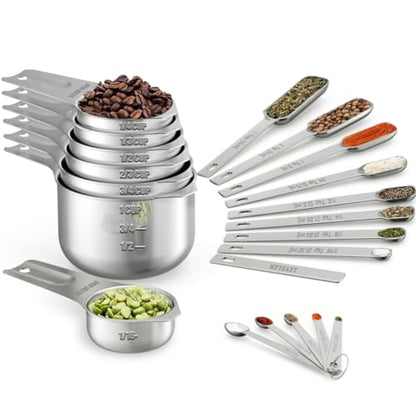 Wildone Measuring Cups & Spoons Set of 21 - Includes 7 Stainless Steel Nesting Cups, 8 Measuring Spoons, 1 Leveler & 5 Mini Measuring Spoons, Ideal for Dry and Liquid Ingredients - color: Silver