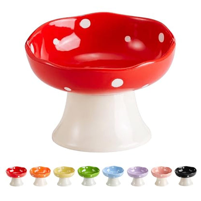 Red Mushroom Cat Bowl, Elevated Ceramic Bowl for Cats | Cute Mushroom, Elevated, Ceramic, Whisker Friendly, Wide Opening, Stable, Easy Clean - color: Red