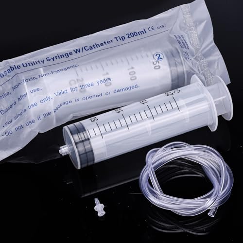 2pcs 200ml Large Plastic Syringes with 2pcs 47in Tubing and Luer Tips | Individually Sterile Packed,for Measuring,Feeding,Refilling,Watering, Filtration and Laboratory Applications without Needles