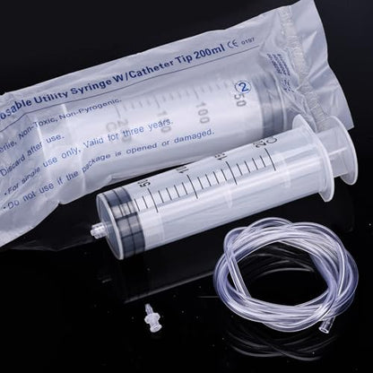 2pcs 200ml Large Plastic Syringes with 2pcs 47in Tubing and Luer Tips | Individually Sterile Packed,for Measuring,Feeding,Refilling,Watering, Filtration and Laboratory Applications without Needles