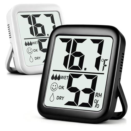 2 Pack Room Thermometer Indoor Hygrometer | Monitor Temperature & Humidity, Accurate, Fast Read, Easy To View, Magnetic/Kickstand/Hanging, ℉/℃, w/ Battery, Compact - color: 2 Pcs* Black & White