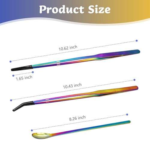 3 PCS Extra Long Stainless Steel Reptile Feeding Tongs and Spoon Set | Reptile Tweezers for Aquarium with Rubber Tip Straight and Curved Terrarium Handle Feeder Tools for Bearded Dragon, Lizards