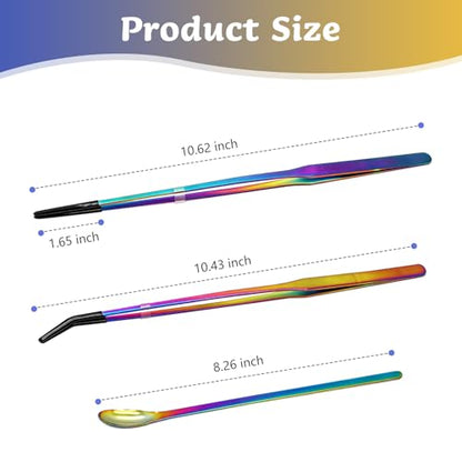 3 PCS Extra Long Stainless Steel Reptile Feeding Tongs and Spoon Set | Reptile Tweezers for Aquarium with Rubber Tip Straight and Curved Terrarium Handle Feeder Tools for Bearded Dragon, Lizards