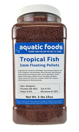 Tropical Fish 1mm - 1/32" Floating 40% Protein Pellets for Discus, Cichlids, Bettas, Guppies, Tetras, Live Bearers, Baby Koi, Smaller Tropical and Pond Fish...WL 3-lbs 10oz Lg Jar - size: 3.63 Pound (Pack of 1)