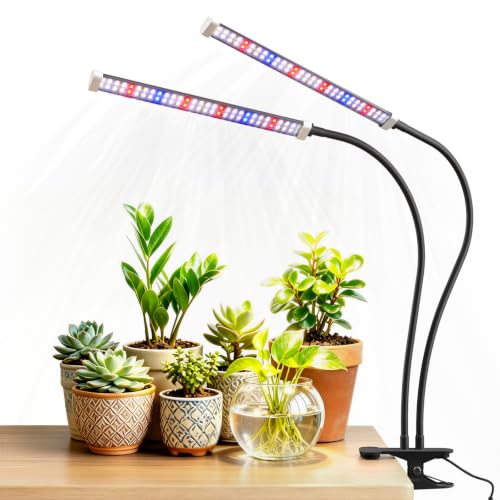 LED Grow Lights for Indoor Plants, Clip-On Clamp, Dual Head | 120 LEDs, Metal Arms with Silicone Sleeves, Upgraded 9V System, 5700K Full Spectrum, 4/8/12H Timer, 5 Brightness Levels - size: Clamp-2 Head