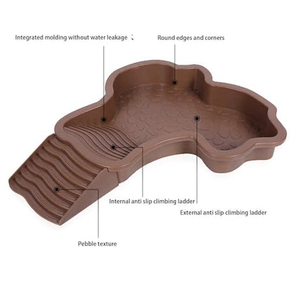 Spacious Reptiles Water Bowl with Ladder Steps Access Removable Component for Safe Turtles Soaking and Resting Slip Turtles Soaking Pool - color: Brown red