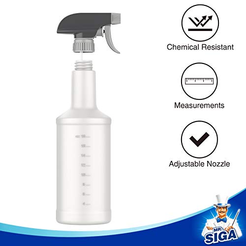 MR.SIGA 24 oz Empty Plastic Spray Bottles for Cleaning Solutions, 3 Pack | Heavy duty household reusable spray bottles with measurements and adjustable leak proof nozzle - size: 710ml, 3 Pack