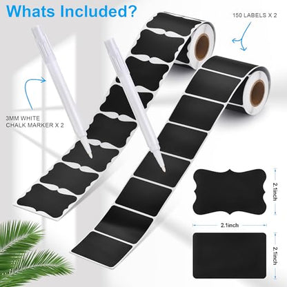 Chalkboard Labels - 300pcs Waterproof Reusable Blackboard Stickers with 2 Free Erasable White Chalk Marker, Mini Decorative Chalk Labels for Jars Containers Kitchen Home Pantry Office - style: 300 Wavy and Rectangle Shapes