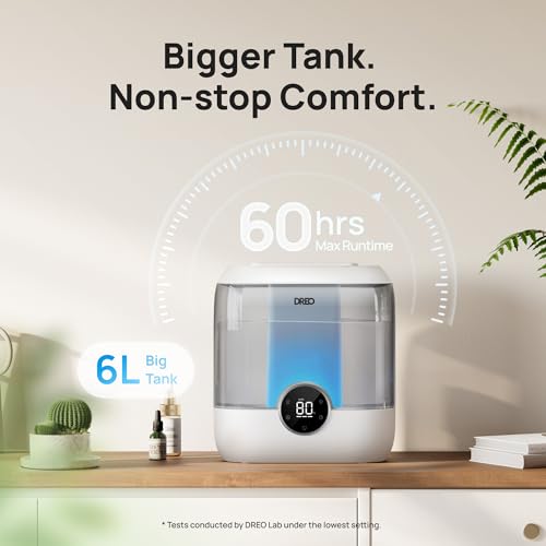 DREO 6L Humidifiers for Bedroom, 60H Runtime, 28 dB Quiet, HM524, Gray | Precise Humidity Control, Easy to Refill & Clean, Nightlight, Cool Mist Humidifiers for Large Rooms, Baby Nurseries & Plants | Precise Humidity Control, Easy to Refill & Clean, Night