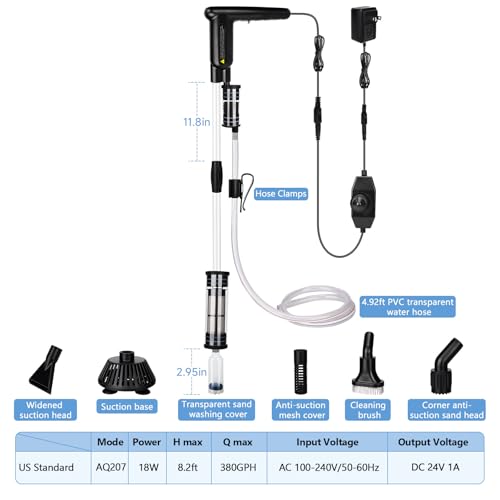 AQQA Upgraded DC 18W Electric Aquarium Vacuum Gravel Cleaner | Anti-Clog Pre-Filter Design, 7-in-1 Multifunctional, Dirt Removal, Water Change, Sand Washing, Turtle Shower