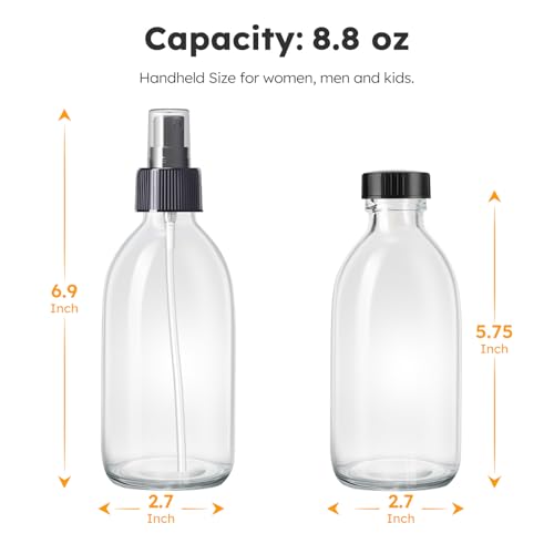 2 Pack Glass Spray Bottles 8.8 oz, 250ml Empty Spray Bottle(Black Nozzle) | Empty Glass Spray Bottles for cleaning, Plants, Pets, Hair, Labels, Funnel, Pipettes - color: 8.5 oz Clear-Black Lids