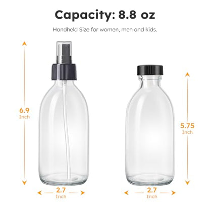 2 Pack Glass Spray Bottles 8.8 oz, 250ml Empty Spray Bottle(Black Nozzle) | Empty Glass Spray Bottles for cleaning, Plants, Pets, Hair, Labels, Funnel, Pipettes - color: 8.5 oz Clear-Black Lids