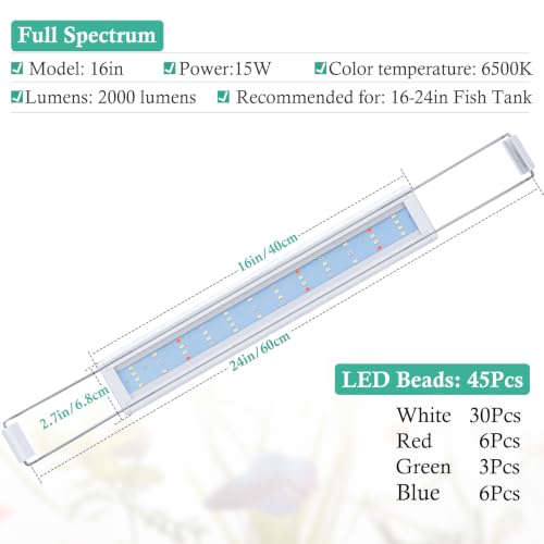 HITOP Full Spectrum LED Aquarium Light – 16-24” Classic Fish Tank Light with Timer, Aquarium Plant Light with Stable Extendable Brackets (16-24in) - size: 16-24in