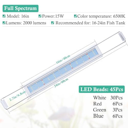 HITOP Full Spectrum LED Aquarium Light – 16-24” Classic Fish Tank Light with Timer, Aquarium Plant Light with Stable Extendable Brackets (16-24in) - size: 16-24in