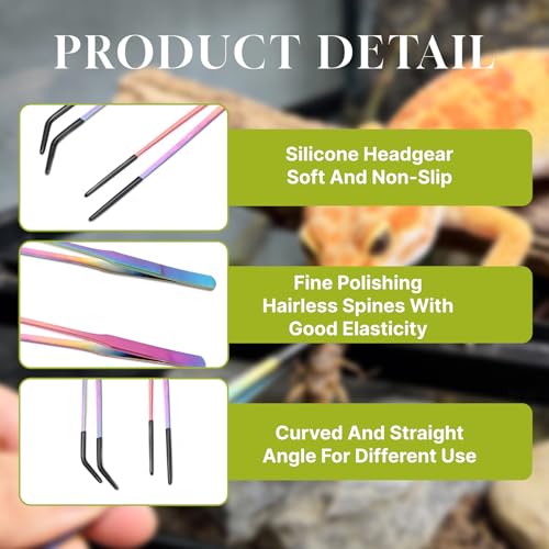 Reptile Feeding Tongs 2 Pack - 10.6 Inch Stainless Steel Straight & Curved Tweezers with Rubber Tips for Bearded Dragons, Lizards, Aquariums & Crafts - Terrarium Supplies