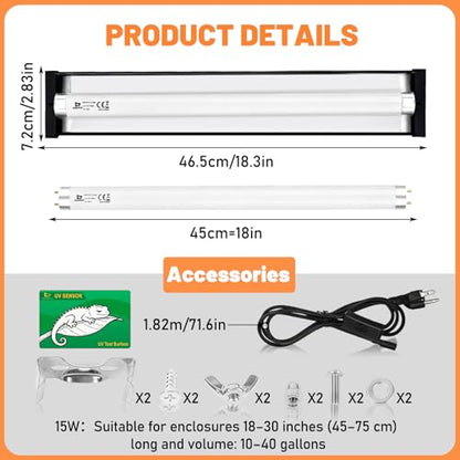 T8 UVB Reptile Light Fixture Combo Kit 15W, 10.0 HO UVB Bulb Lighting with Hood, High Output Desert UVB Light for Reptiles, 18" UVB Light for Bearded Dragon, Lizards, Tortoise Terrarium Tank - size: 18INCH-10.0