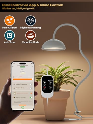 Smart Grow Light for Indoor Plants, Full Spectrum Plant Grow Light | 10W LED Plant Light with 3/9/12 Timer, Smart APP&in-line control, 10 Dimming Levels, Height Adjustable Grow Light with Base - color: White