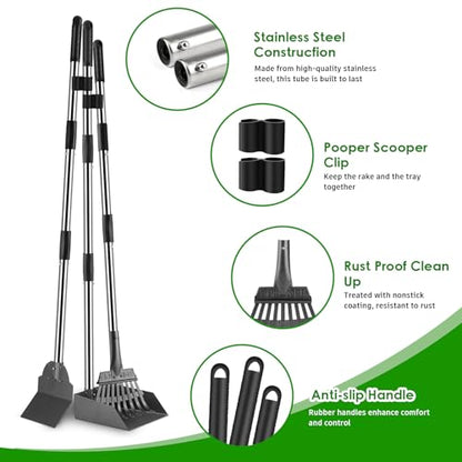 Pooper Scooper, Long Handle Dog Poop Scooper for Medium Small Dogs | Heavy Duty, Pet Supplies Metal Tray Rake Spade, Stainless Steel, Rust-Resistant,37"+ Handle No Bend, Use on Grass Dirt Gravel - color: Light Silver, size: Medium