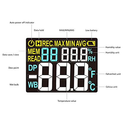 PT618 Temperature Humidity Meter - Wet Bulb for Indoor/Outdoor | Thermometer Hygrometer Monitor with Ambient, Dew Point, MIN, MAX, Data Hold, LCD Backlight - size: PT618