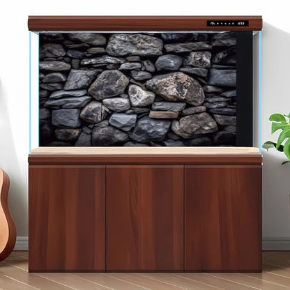 Stone Wall Aquarium Background Stacked Natural Stones Irregular Pattern Fish Tank Background Dark Masonry Wall Texture Reptile Habitat Background Rock Wall Terrarium Background Poster 24x12in - color: Dark Grey, size: 24(W)x12(H)inches/ 60(W)*30cm(H)