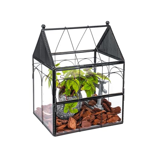NCYP Glass Jumping Spiders Enclosure with Vent Holes - 7.5" x 4.9" x 9" Vented Glass Terrarium for Small Spider, Mantis, Small Beetle, House Shape, Tabletop Decor, Black (Terrarium Only)