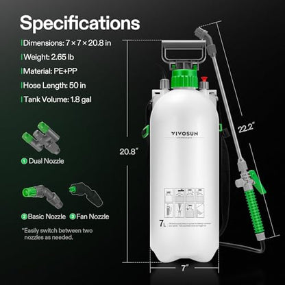 VIVOSUN 1.8 Gal/7L Pump Sprayer, Garden Water Sprayer | for Plants, Weeds & Lawn Care, with 3 Nozzles, 50'' Long Hose & Pressure Relief Valve - size: 1.8 gal