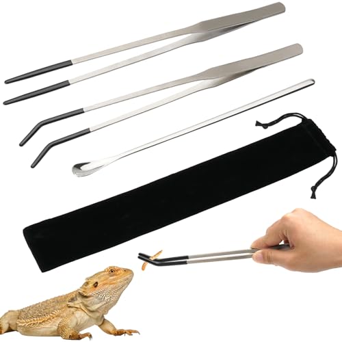3-Piece Stainless Steel Reptile Feeding Set with Rubber Tips and Bag | Soft Extended Ends Handle Live Insects Gently and Keep Hands at a Comfortable Distance during Mealtimes