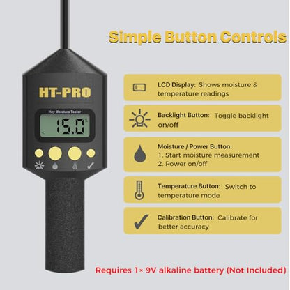 Hay Moisture Tester with 20" Probe, Moisture & Temperature Meter for Round and Square Hay Bales, Fast Backlit Readings, Calibration Clip Included, BlackGold - color: Blackgold