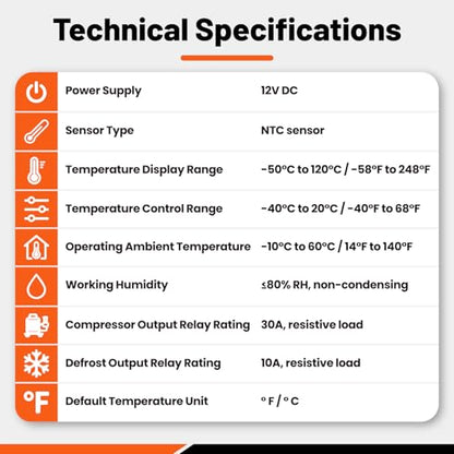 12V DC Digital Refrigeration Thermostat with Automatic Defrost | 30A Cooling Controller with Built-in 10A Defrost Relay for Beverage Cooler, Freezer, Refrigeration Equipment