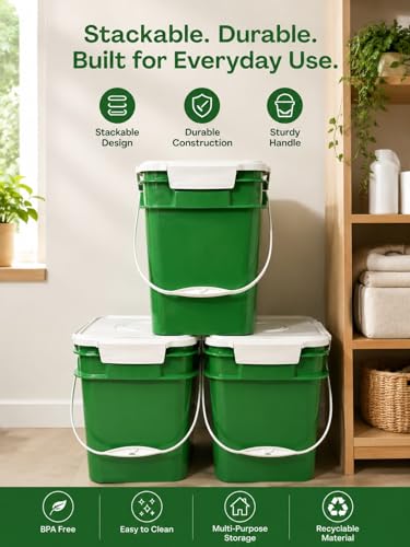 4 Gallon Square Food Grade Bucket Pail with Plastic Handles and Lid (Pack of 3) Made in USA containers (Green - White lids) - color: Green - White Lids