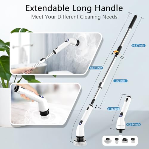Electric Spin Scrubber,8 Replaceable Brush Heads for Home | IPX7 waterproof power scrubber with LCD display, multi heads, extendable handle, 90min runtime for bathroom kitchen glass car - color: Grey White