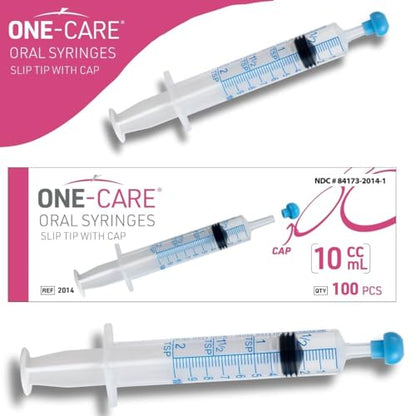 ONE-CARE 10ml Oral Syringe with Cap, Slip Tip Liquid Dispensers, 100/Boxp | Individually Wrapped, Food-Grade Plastic, Accurate Graduation for Precise Liquid Dosing, Oral Feed - Infants, Adults & Pets - size: 10 ml Blue Scale