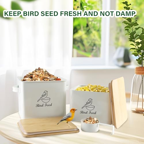 Bird Seed Storage Container Set of 2,10LB Bird Food Container-White | Metal Bird Seed Container with Bamboo Lids, Airtight Wild Bird Seed Tin for Storing Sunflower Seed-Squirrel proof - color: White(Bird Feed)