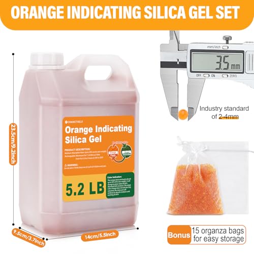 CHANGTIKEJI Orange Silica Gel Desiccant Beads 5.2LBS - Premium Color Indicating Reusable Moisture Absorbers for Camera, Electronic, Books, Documents, 3D Filaments, Clothes, Painting, Jewelry - size: 5.2LB