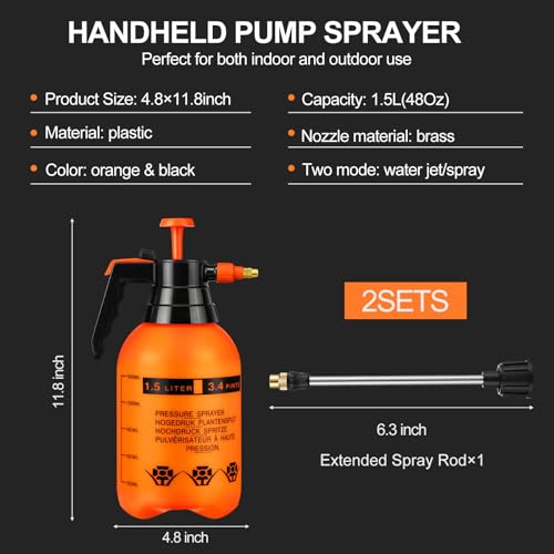 2 Set Handheld Pump Sprayer 1.5l Garden Pump Sprayers 50 oz 0.4 Gallon Adjustable Water Spray Bottles with Steel Nozzle Extended Rod for Plant Mist Watering Spraying Fertilizing Cleaning - color: Orange, size: 1.5l