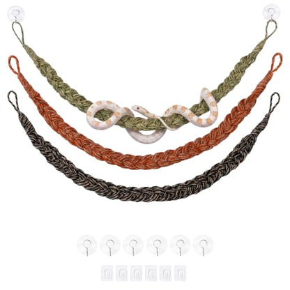 3-Pack Snake Climbing Rope & Reptile Vines 27.5" Braided Hemp Toys for Terrarium Enrichment Ball Python Crested Gecko & Hermit Crab Tank Accessories with Suction & Adhesive Hooks - color: Multi-color