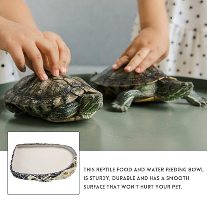 Reptile Water Food Bowl Resin Rock,Flat Tortoise Water Feeding Plate Bowl Reptile Habitat Terrarium Enclosure Tank Accessories for Turtle Bearded Dragon Lizard Gecko Chameleon