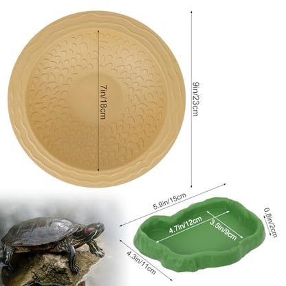 Reptile Bathing Pool with Pet Food Feeding Plate, Embedded Turtle Bathing Pool with Ramp Reptile Feeding Dish Water Bowl Habitat Accessories for Gecko, Snake, Turtle, Bearded Dragon, Lizard Bath