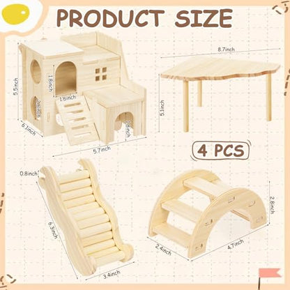BreezeHug 4 Pcs Hamster Cage Accessories Hamster Platform Hideout Wooden Tunnel Ladder Playhouse Game Climbing Toy with Platform for Pets Dwarf Syrian Mice Degus Gerbils Squirrel(Villa) - style: Villa