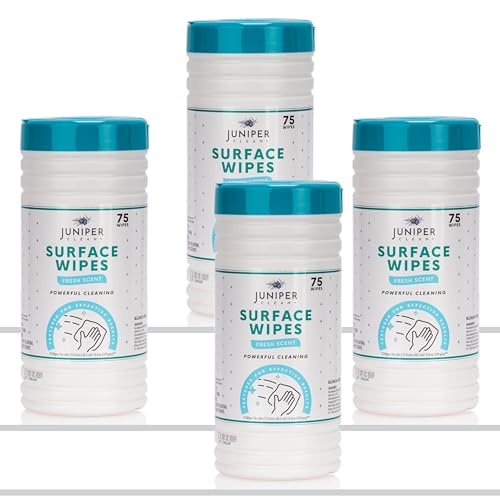 Juniper CLEAN 4 Pack Surface Cleaning Wipes Bleach Free, All-Purpose Cleaner for Bathroom, Kitchen, Office, 300 Count Canister, 7.5" x 7" Sheet, Fresh Scent, Lint Free & Durable - size: 75 Count (Pack of 4)