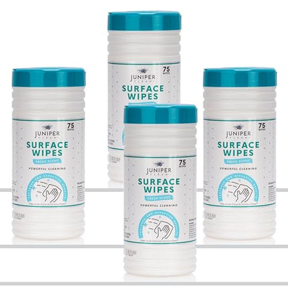 Juniper CLEAN 4 Pack Surface Cleaning Wipes Bleach Free, All-Purpose Cleaner for Bathroom, Kitchen, Office, 300 Count Canister, 7.5" x 7" Sheet, Fresh Scent, Lint Free & Durable - size: 75 Count (Pack of 4)