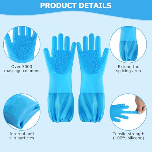 Dog washing gloves | Pet grooming gloves | Extra Long Arms 17.3in (blue) | This pet hair removal glove is made of thickened waterproof silicone and features scratch and bite resistance. - color: blue
