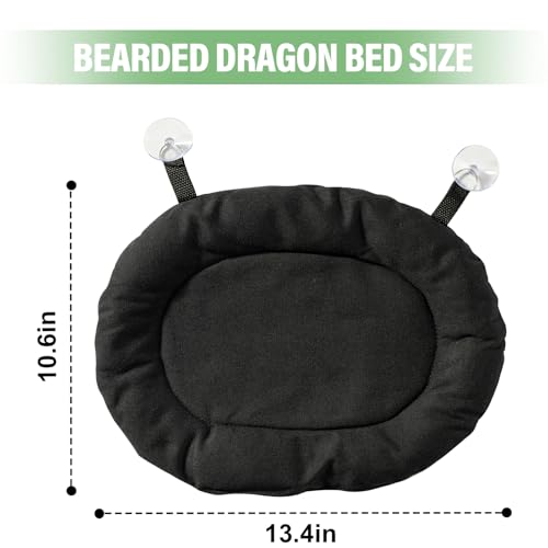 Bearded Dragon Soft Bed with 3Pcs Reptiles Harness and Leash Set, Reptile Washable Canvas Fabric Sleep Mat with Suction Cup for Travel Carrier for Lizard Leopard Gecko (Black)
