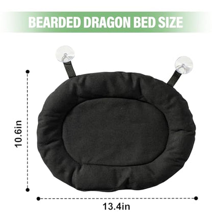 Bearded Dragon Soft Bed with 3Pcs Reptiles Harness and Leash Set, Reptile Washable Canvas Fabric Sleep Mat with Suction Cup for Travel Carrier for Lizard Leopard Gecko (Black)
